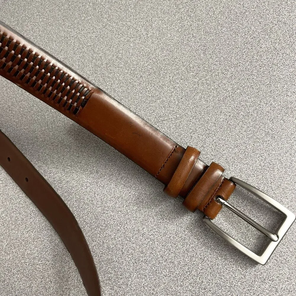 Crookhorn Leather Belt 38 Brown Mens Basketweave Dress Silver Buckle 1.25